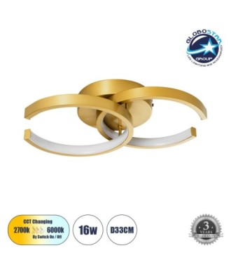 GLOBOSTAR® EVA 61069 Μοντέρνο Φωτιστικό Οροφής LED 16W 1920lm 300° AC 220-240V IP20 Ρυθμιζόμενο Λευκό CCT με On-Off 2700K-4500K-6000K - Lumileds SMD Chip - Χρυσό Βούρτσας - Μ33 x Π21 x Υ7cm - 3 Χρόνια Εγγύηση